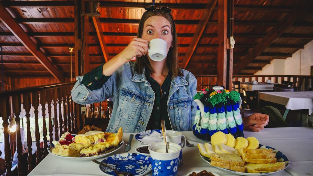 Enjoying a Welsh afternoon tea with cakes and breads in Gaiman - a Welsh town in Patagonia 