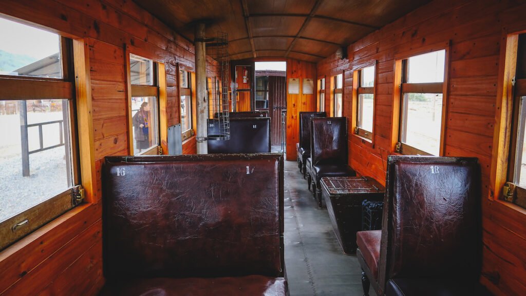 Interior of La Trochita and the leather seats in some of the train carriages.