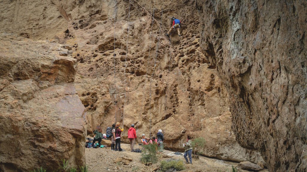 Rock climbers at Piedra Parada in Chubut, Patagonia 