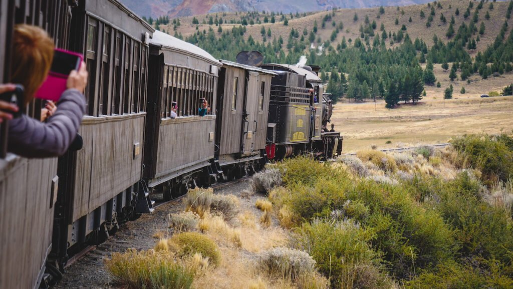 Views of the Old Patagonian Express as the train curves on its journey back to Esquel.