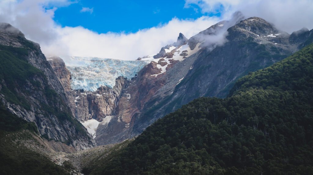 Torrecillas Glacier as seen from Lake Menendez in Los Alerces Park 