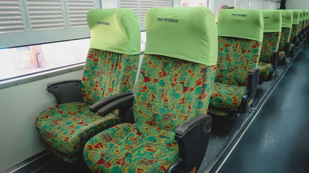 Pullman Class train seats aboard the Tren Patagonico train.