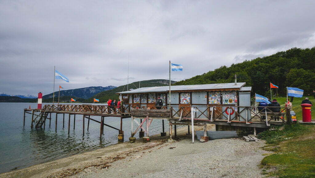 The End of the World Post Office sits atop the pier on the shores of the Beagle Channel in Tierra del Fuego National Park