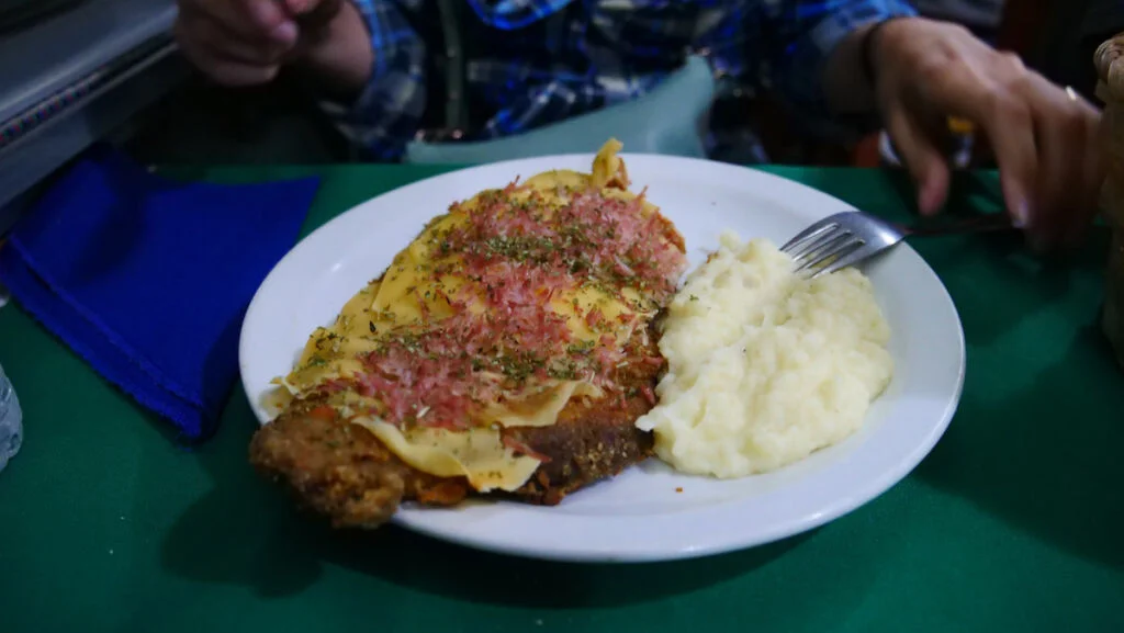 Milanesa and mashed potatoes for dinner aboard the Tren Patagonico train.