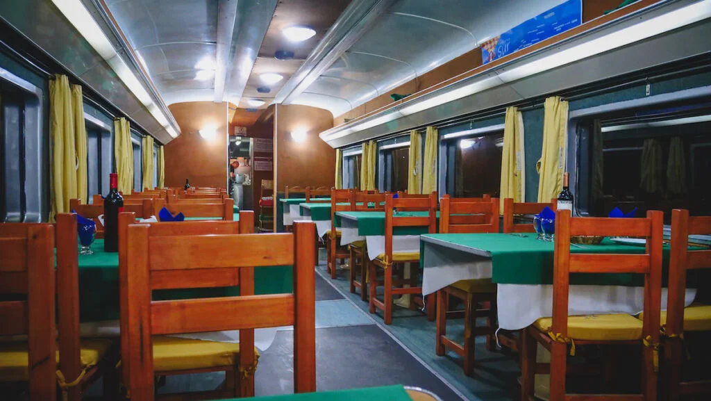 The dining carriage aboard the Tren Patagonico train.