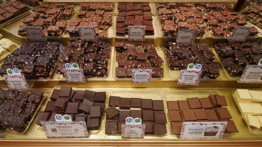 A display window at a chocolate shop in Bariloche where you can buy different types of chocolates. 