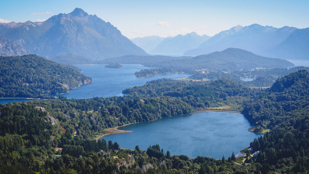 Panoramic views of lakes and mountains from Cerro Campanario in Bariloche, Argentina 