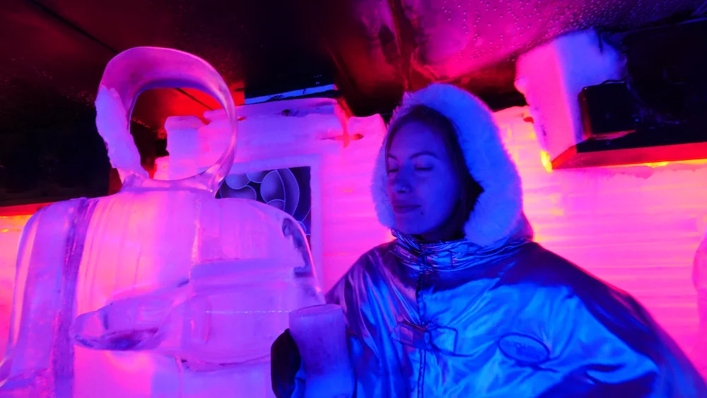 Ice sculpture and ice glasses for drinks at GlacioBar, an ice bar inside Glaciarium