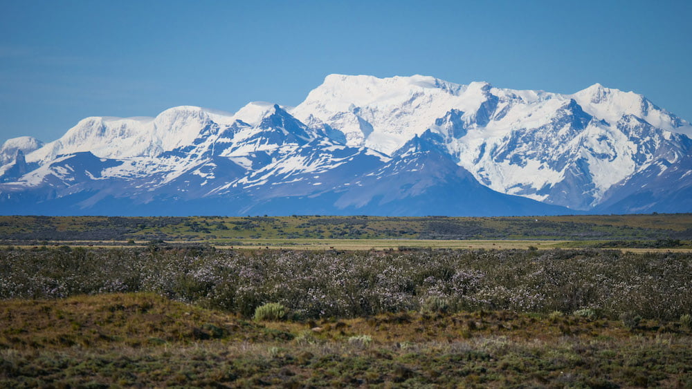 Snow capped mountains and Patagonian steppe in the outskirts of El Calafate, Argentina