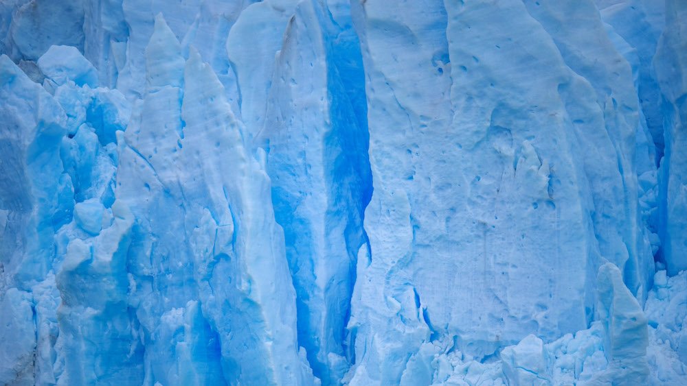 Close up of blue ice on Perito Moreno Glacier in Los Glaciares National Park, Argentina 