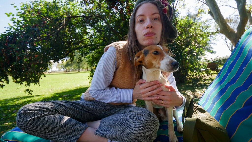 Audrey befriending the estancia dogs at El Ombu in Areco 