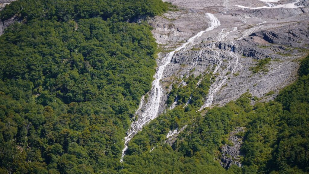 Glacial meltwater forming waterfalls from Heim Glacier 