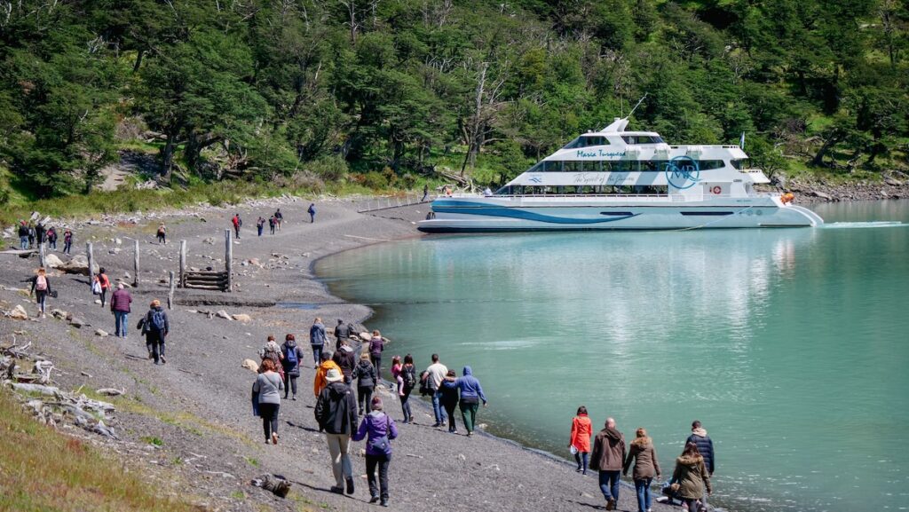 Maria Turquesa boat docked at Puerto de las Vacas for a guided hike in Los Glaciares National Park 