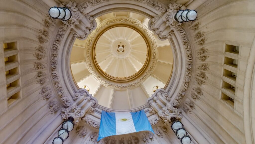 Views of Palacio Barolo looking up from the main lobby during a guided visit 