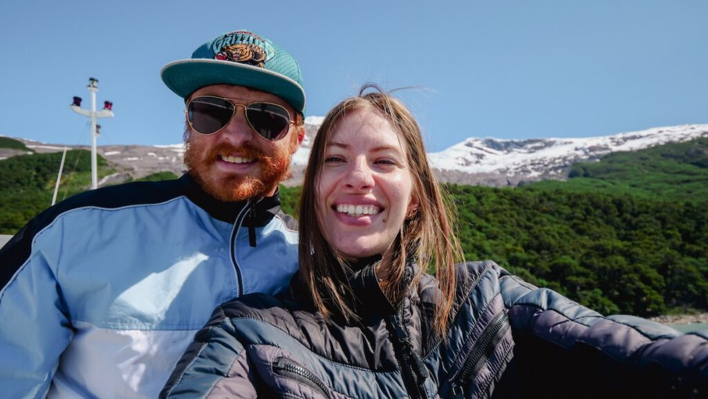 Samuel and Audrey enjoying a glaciers boat tour from El Calafate 