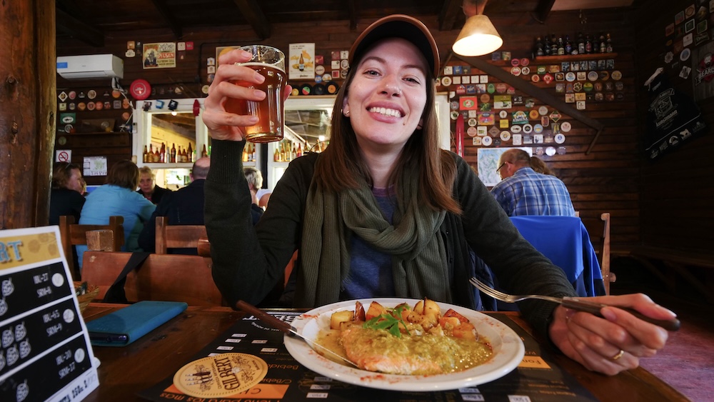 Drinking craft beer and eating a traditional Patagonian dish at Cerveceria Gilbert