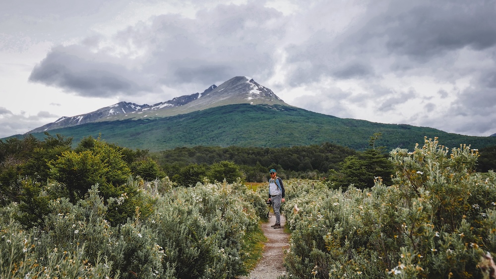 Trekking in Tierra del Fuego National Park on a grey day - one of our Ushuaia travel tips is to pack for unpredictable weather