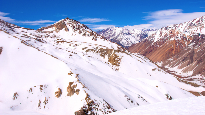 Snow covered Andes Mountains during winter in Mendoza, Argentina.