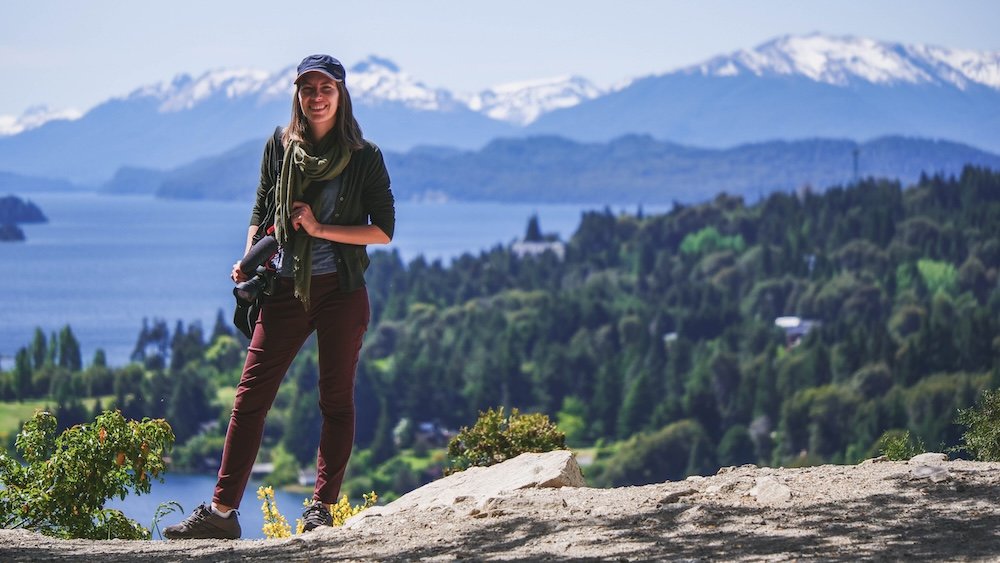 Audrey enjoying the scenic mountain and lake views on Bariloche's Circuito Chico route.