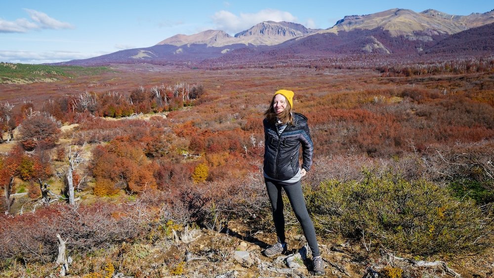 Audrey enjoying peak autumn foliage at Estancia Huemules in Esquel, Patagonia.