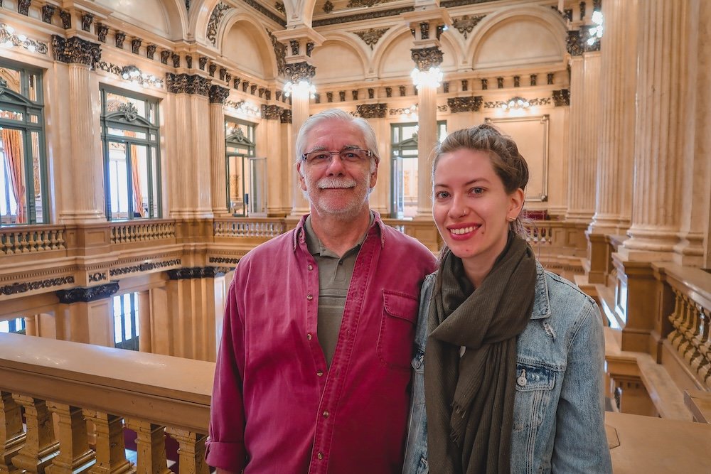 Daniel and Audrey touring the inside of Teatro Colon during a visit to Buenos Aires, Argentina.