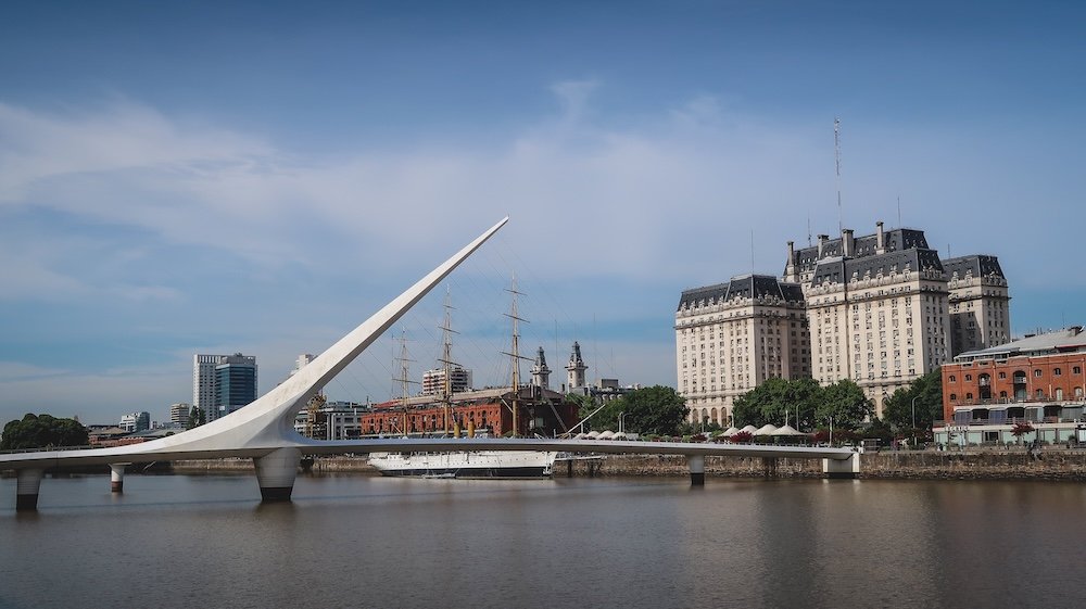 Palacio Libertad, Centro Cultural Domingo Faustino Sarmiento, as seen from Puerto Madero with Puente de la Mujer in the foreground.