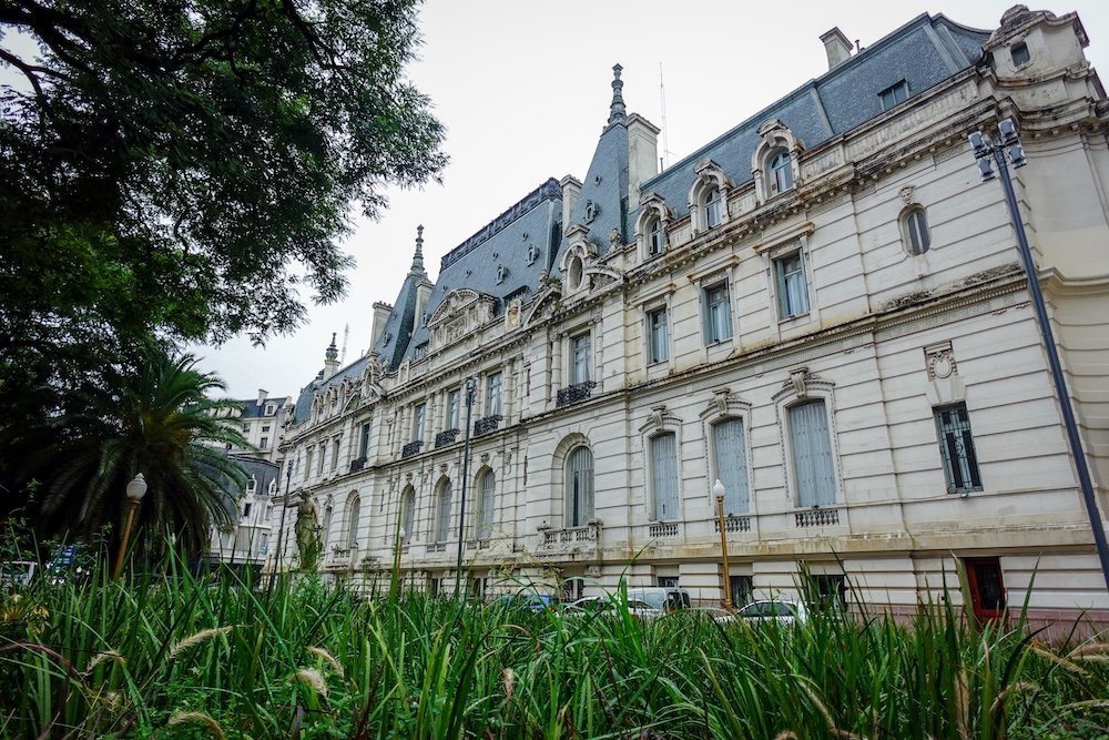 Palacio Paz in Buenos Aires on a rainy day.