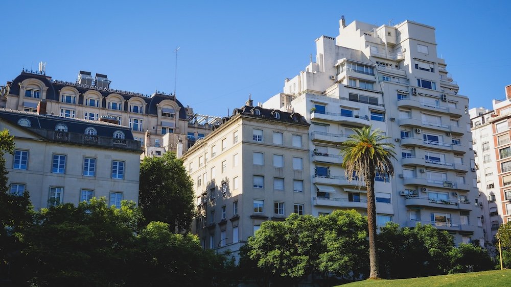 Views of apartment buildings in Recoleta as seen from Plaza San Martín de Tours