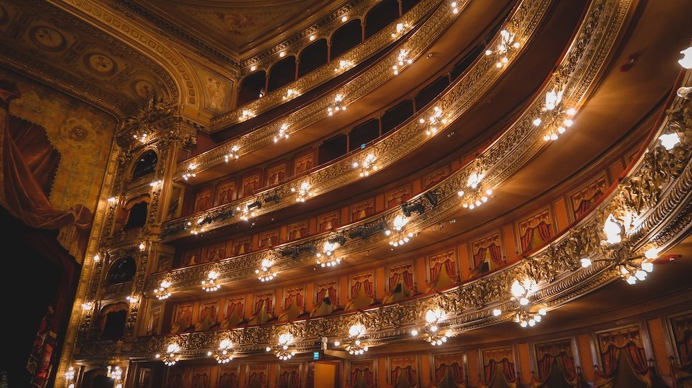 The balconies inside Teatro Colon during a guided visit of the theatres.