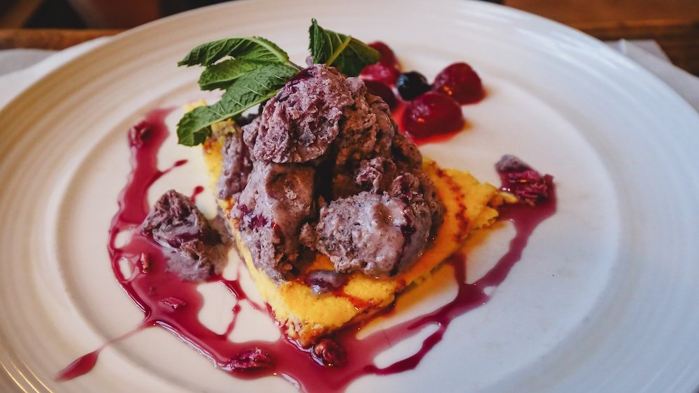 Argentine dessert featuring calafate berries and forrest berries, typical of Patagonia.