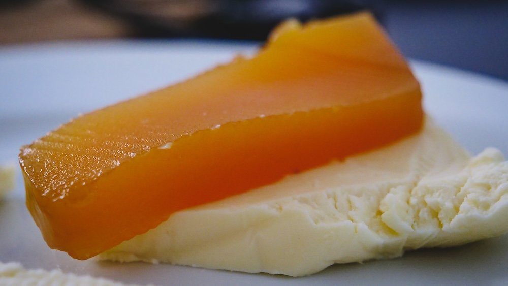 Dulce de batata or sweet potato paste with a slice of cheese is a typical Argentine dessert.