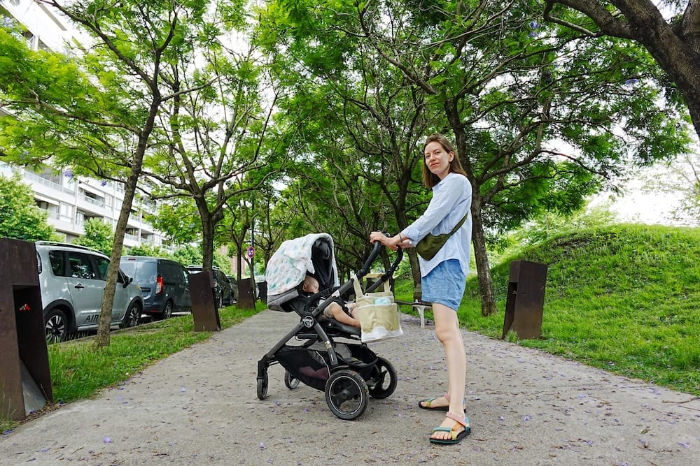Enjoying a stroll with our baby down one of the many leafy promenades in Puerto Madero, Buenos Aires.
