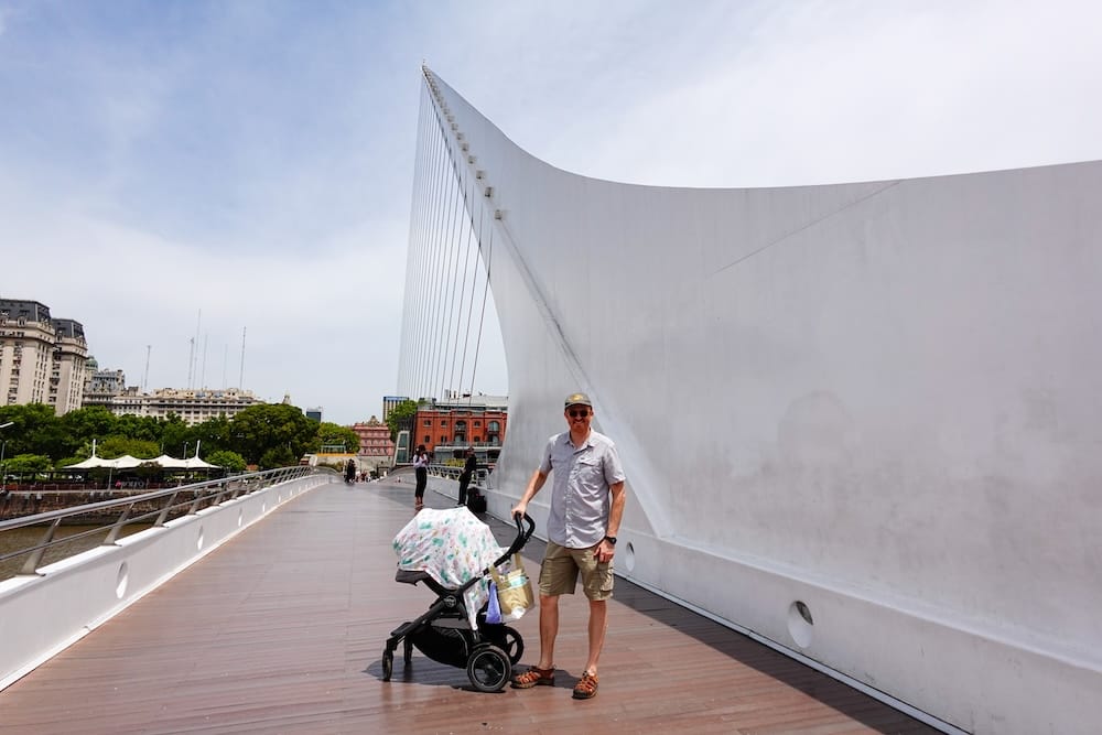 Crossing Puente de La Mujer, a famous bridge and landmark in Puerto Madero