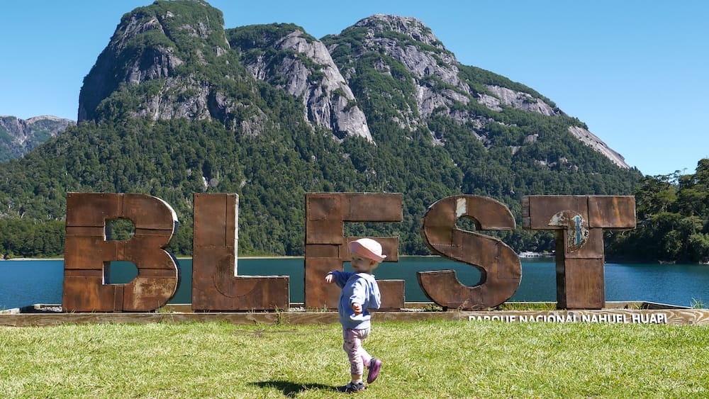 Aurelia twirling in front of the Puerto Blest sign.