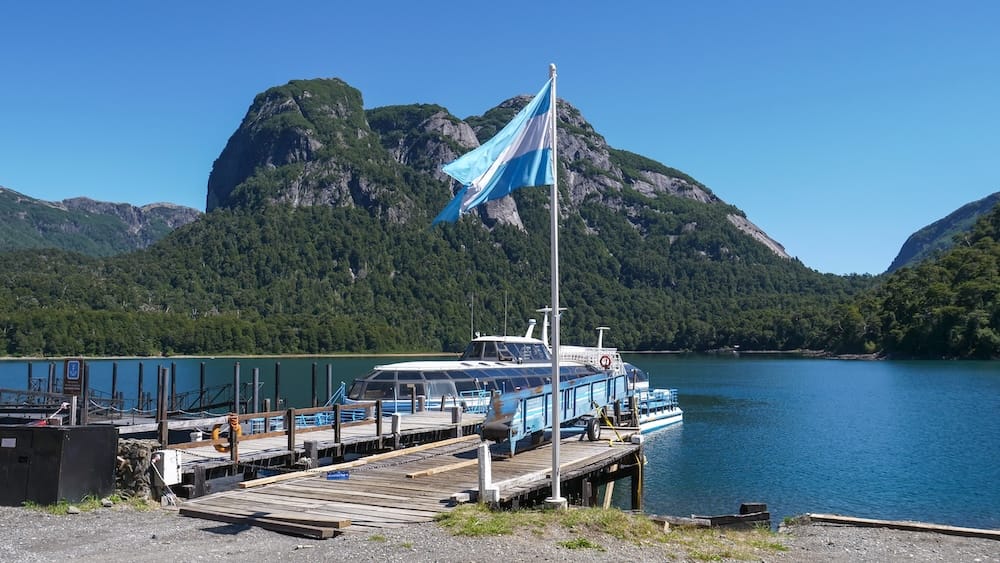 The Argentine flag flying in the wind at Port Blest, Patagonia.