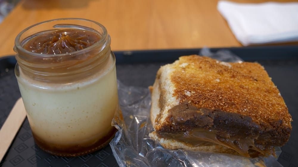 Two of the desserts we had at Cafe Puerto Blest: fland and a coconut and dulce de leche square