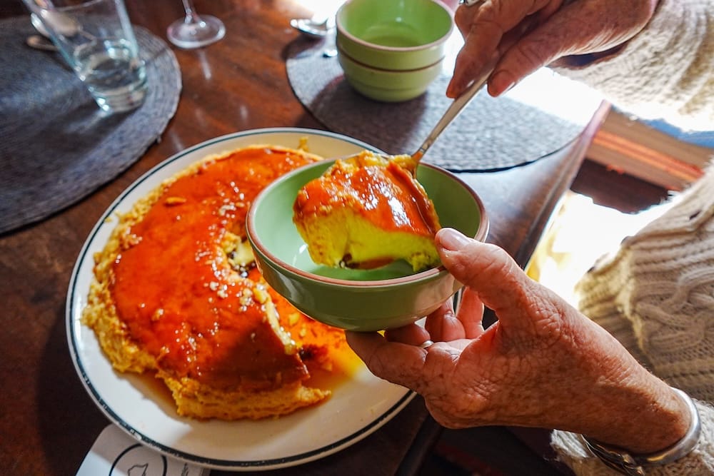 Flan served at the table for dessert.