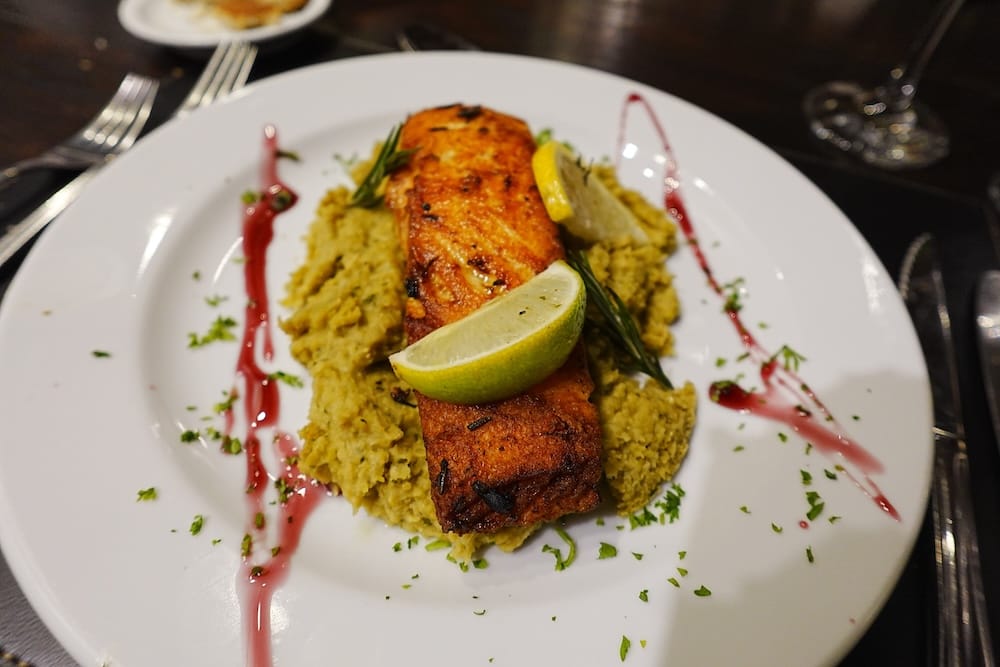 Grilled salmon with mushy peas for dinner at the estancia.