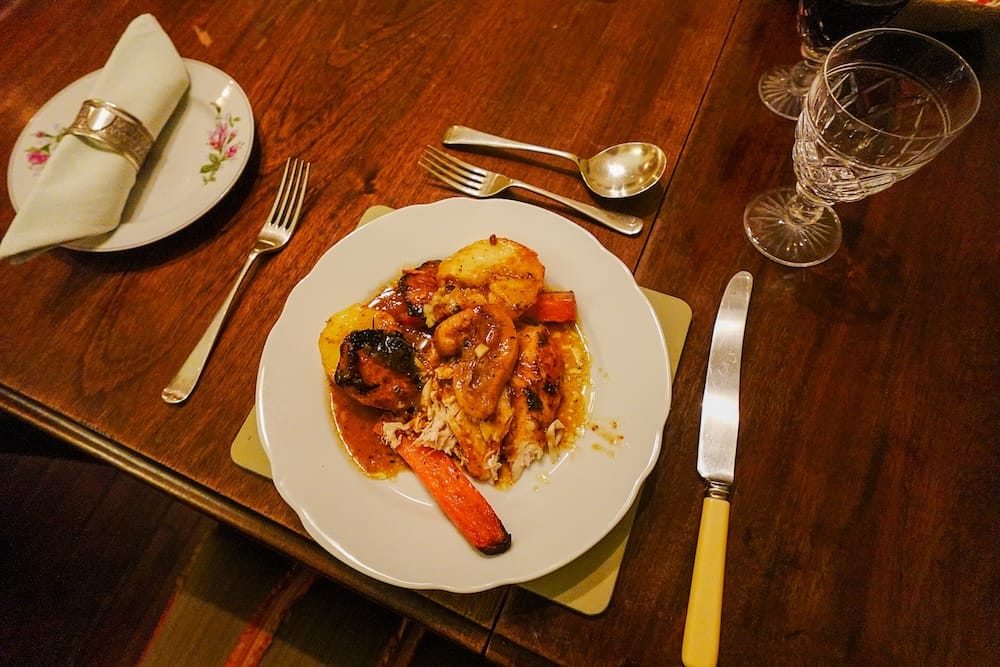 Homecooked dinner served in the dining room at Estancia La Tomasa
