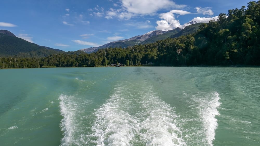 The light emerald green waters of Lake Frias in Patagonia, Argentina.