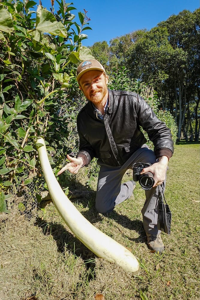 Sam showcasing some of the organic vegetables.