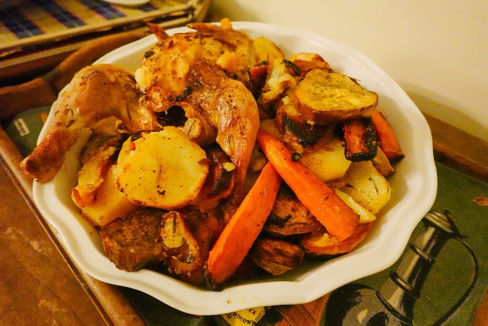 Oven roasted chicken with potatoes and carrots for dinner at the estancia.
