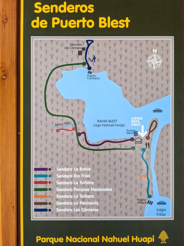 Map of hiking trails in Puerto Blest, Argentina
