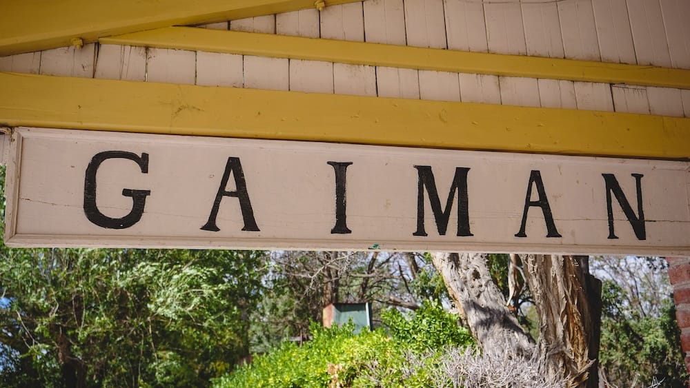 Gaiman sign at the old train station now turned regional history museum.