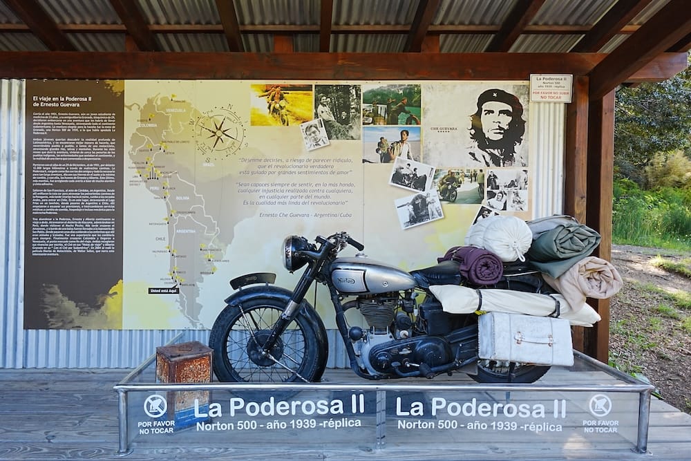 A replica of La Poderosa II, the motorcycle Che Guevara used on this South America trip and he crossed here in Puerto Frias.