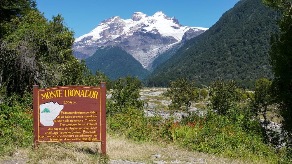 Mount Tronador with its hanging glaciers is visible on the Cruce Andino journey from Puerto Frias to Peulla.
