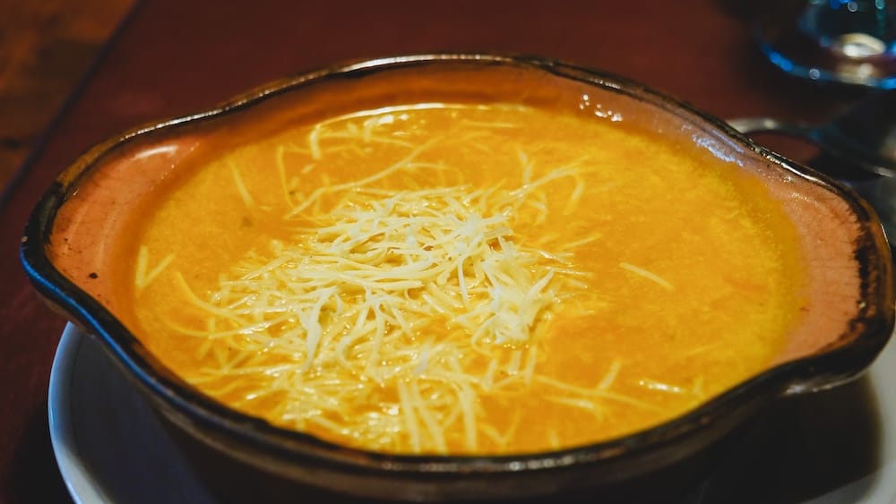 Bowl of pumpkin soup with cheese at Gwalia Lan Resto in Gaiman.