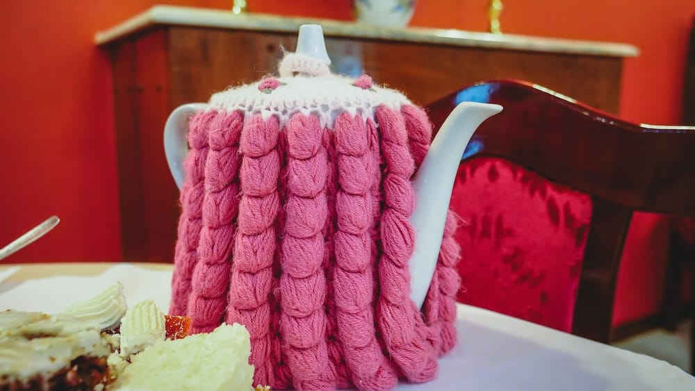 Tea pot and cozy at Te Te Caerdydd, a famous Welsh tea house in Gaiman.