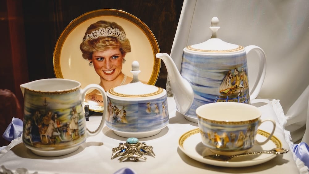 Princess Diana tea set at Ty Te Caerdydd to commemorate her visit to Gaiman.