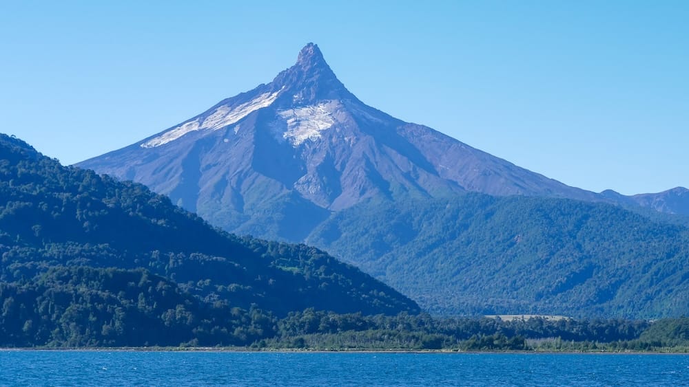 Volcan Puntiagudo translates to Pointy Volcano and it can be seen on the boat trip across Lago Todos los Santos in Chile.